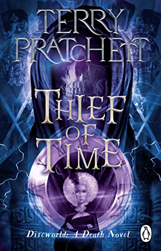 Book cover: “Thief Of Time” by Terry Pratchett, featuring a clock and hooded figure.