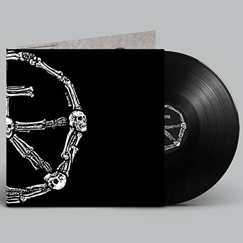 Vinyl record with black cover featuring a white skeletal design.