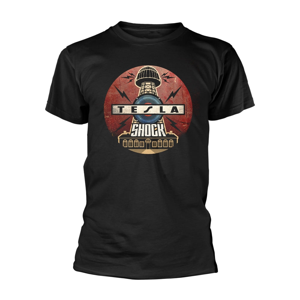 Black t-shirt with graphic of a Tesla coil and the word "SHOCK".