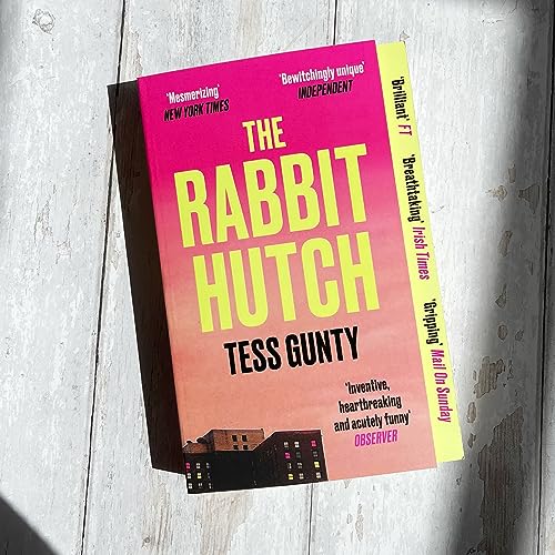 The Rabbit Hutch by Tess Gunty book cover with pink-to-orange gradient on wooden surface.