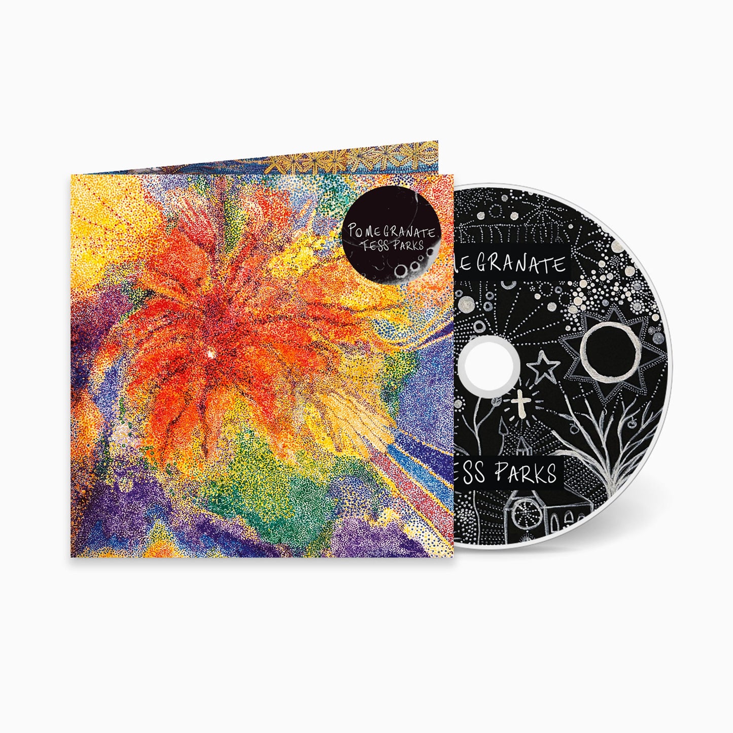 CD case and disc for Tess Parks’ “Pomegranate” album, colorful abstract art.