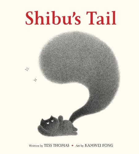 A small black cat with a large, fluffy tail on a cream background.