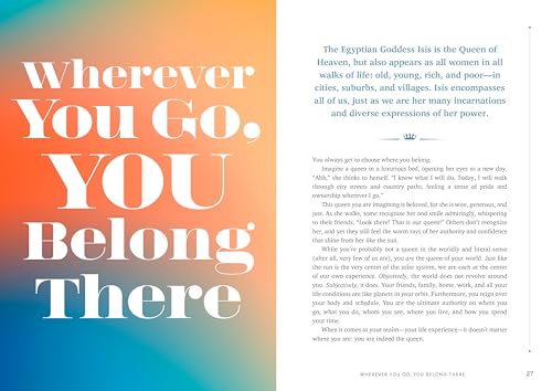 Book page with bold text reading "Wherever You Go, You Belong There" and Egyptian goddess Isis.