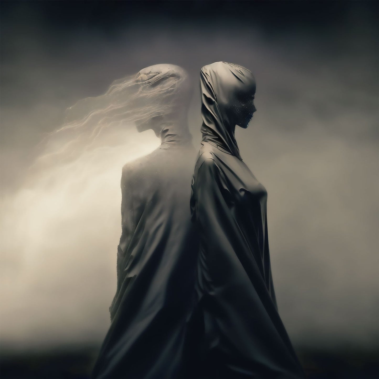 Dark, hooded figures with ethereal trails against a cloudy background.