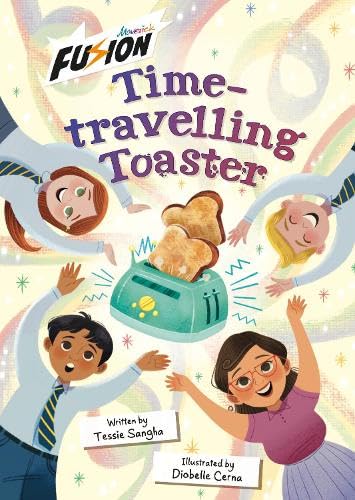 Book cover featuring children and a glowing, teal time-travelling toaster.