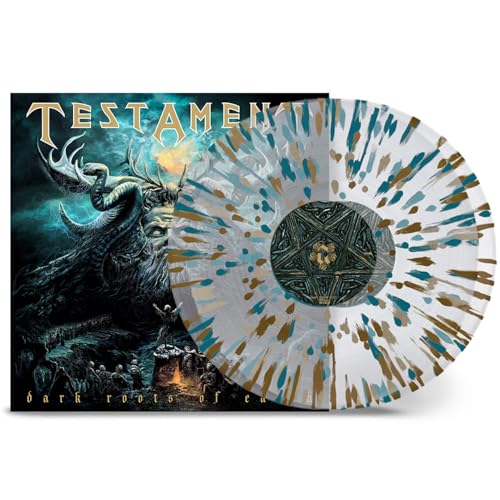 Testament album cover and marbled vinyl record with central design.