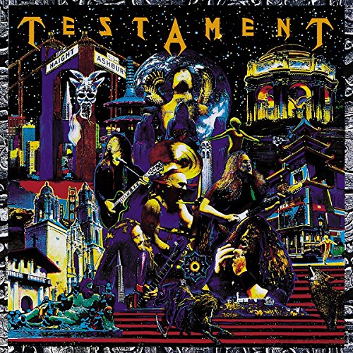 Testament album cover: band members amidst a dark, fantastical city scene.