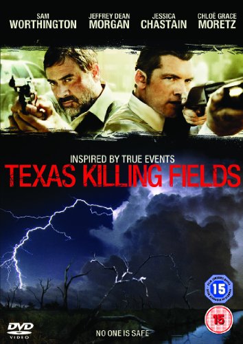DVD cover for "Texas Killing Fields" featuring detectives and stormy landscape.