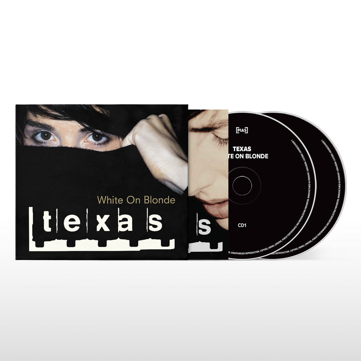 “Texas - White On Blonde” 30th Anniversary CD with face and text cover.