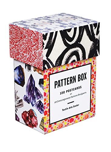 Box of 100 postcards with diverse, colorful patterned designs.