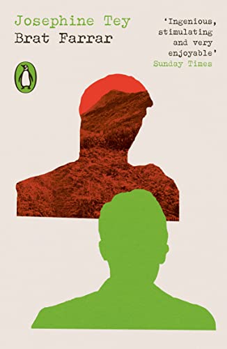 Book cover: “Brat Farrar” with layered silhouettes of heads in red and green.