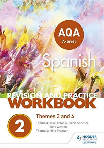 AQA A-level Spanish revision workbook cover with colorful festival imagery.
