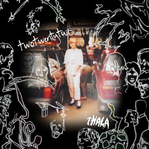 Album cover: woman with car, sketched faces, and text “twotwentytwo”.