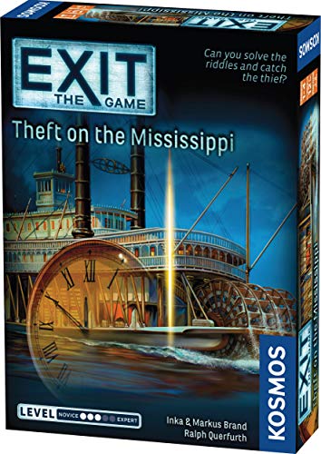 Blue EXIT game box featuring a steamboat and a large clock face.
