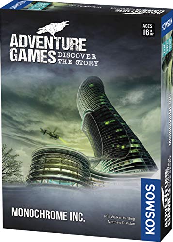 Box for "Adventure Games: Monochrome Inc." board game with futuristic cityscape.