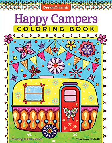 Colorful cover of "Happy Campers" coloring book featuring a vintage trailer.
