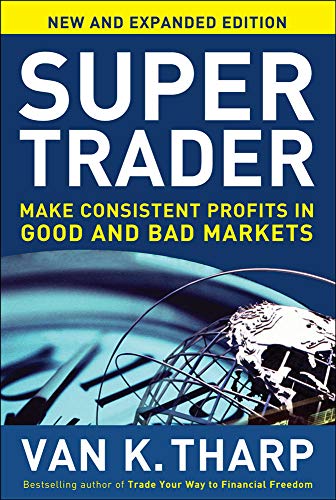 Book cover: “Super Trader” by Van K. Tharp, with globe imagery.