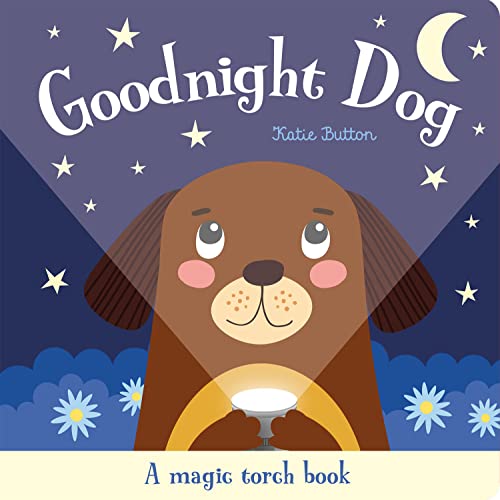 A brown dog holds a glowing torch against a dark, starry night sky background.