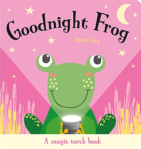 Book cover: green frog holding a torch, stars and crescent moon.