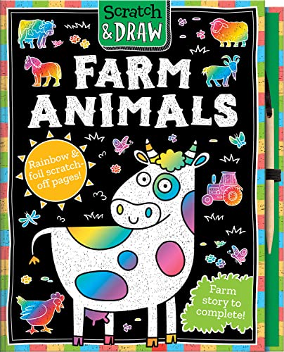 Black scratch art book cover with colorful farm animals and a unicorn.