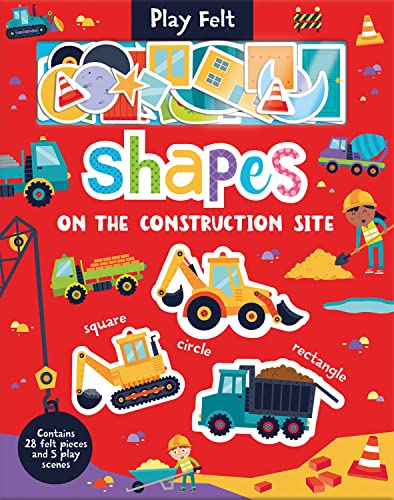 Felt shapes and construction vehicles on a red background.