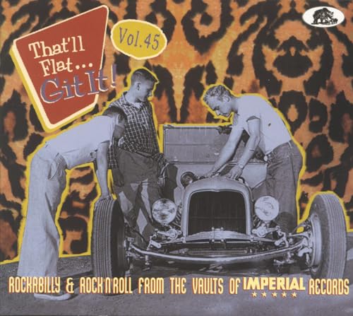 CD cover: men with a vintage car, leopard print background, text.
