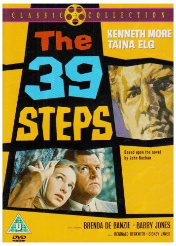 DVD cover art for The 39 Steps featuring film actors and yellow geometric design.