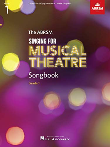 ABRSM Singing for Musical Theatre Grade 1 songbook cover with purple and yellow bokeh background.