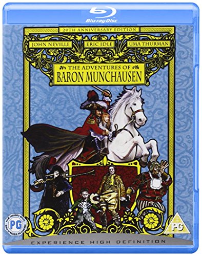 Blu-ray cover for "The Adventures of Baron Munchausen" featuring characters on horseback.