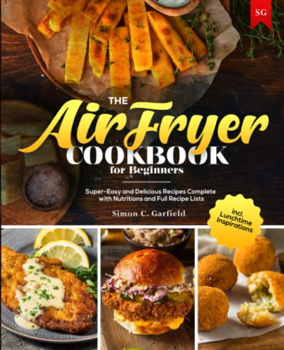 Air fryer cookbook cover with images of fried foods and recipes.
