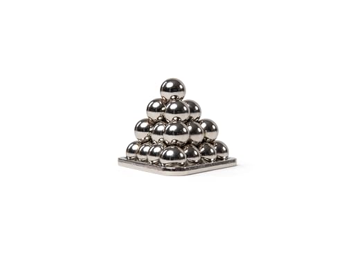 Pyramid of shiny, silver metal spheres on a square base.