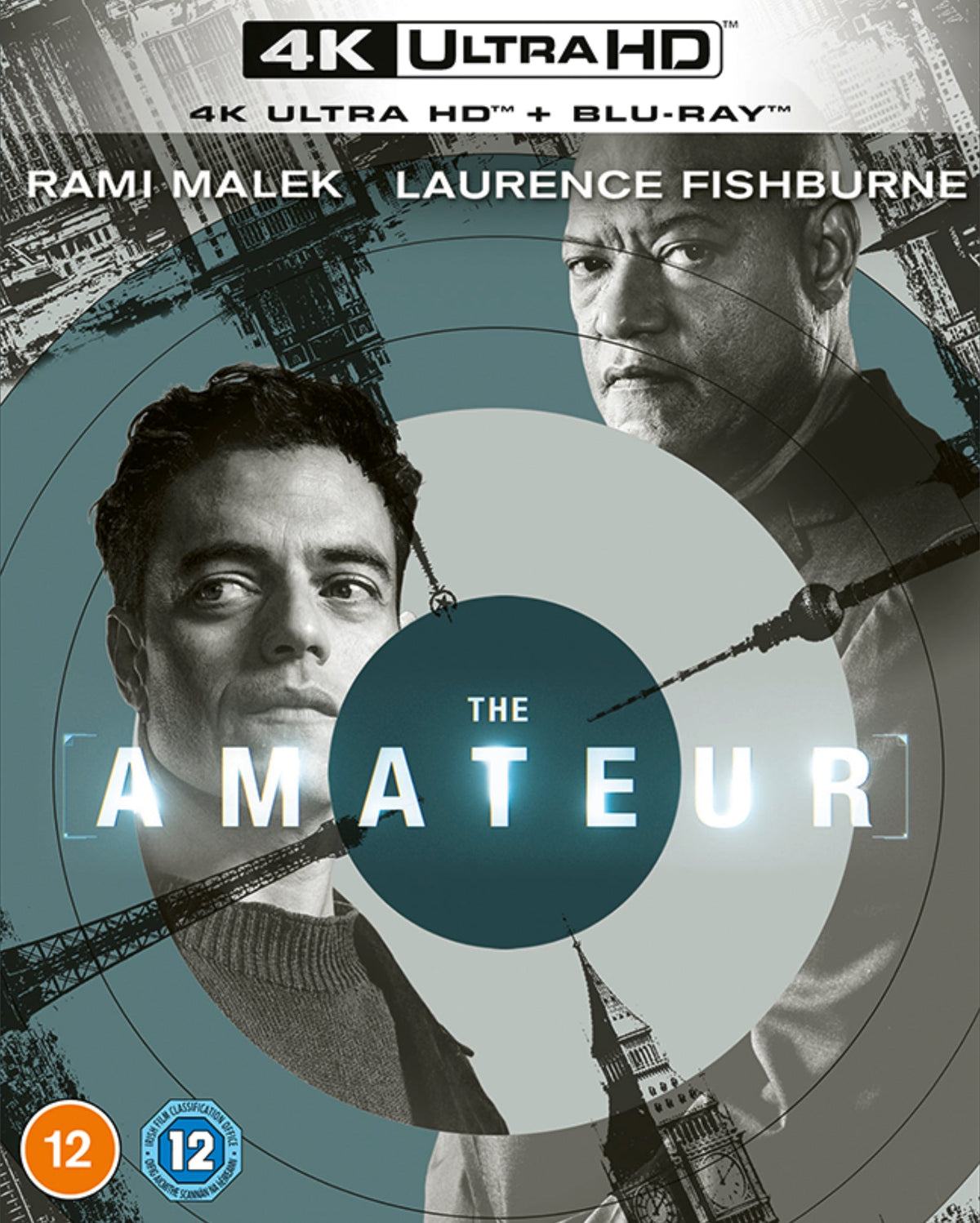 “The Amateur” Blu-ray cover featuring Rami Malek and Laurence Fishburne.