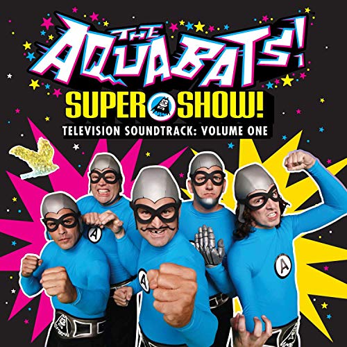 Album cover featuring five men in superhero costumes with blue shirts and masks.