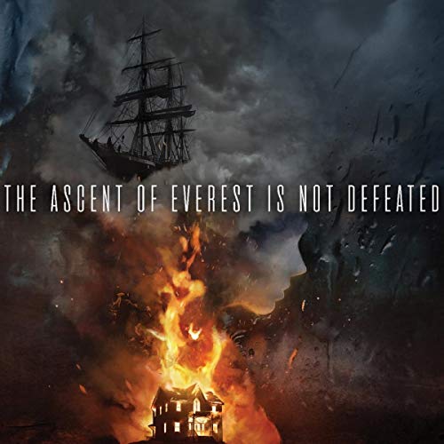 A sailing ship floats above a burning house with a faint face in the smoke.