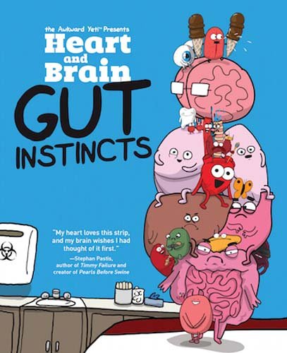 Book cover with cartoon heart, brain, and intestines stacked on furniture.