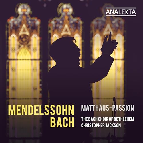 CD cover: Silhouette of conductor before stained glass, text "Mendelssohn Bach".