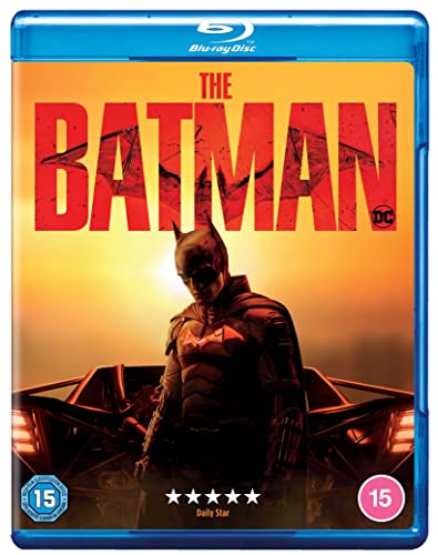 The Batman Blu-ray cover featuring Batman standing before his car against a sunset background.