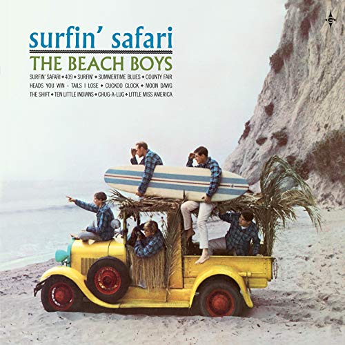 The Beach Boys "Surfin' Safari" vinyl album cover with a beach scene.