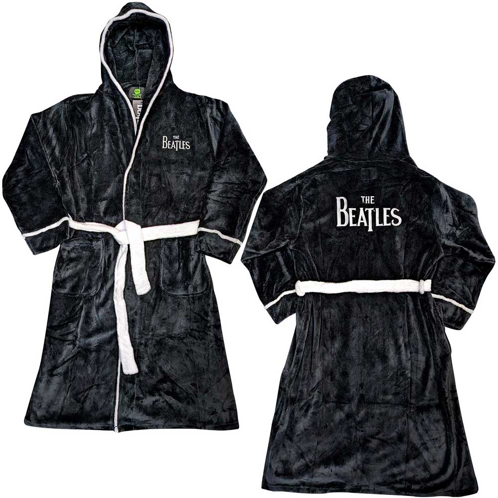 Man wearing a black, hooded bathrobe with white trim and Beatles logo.