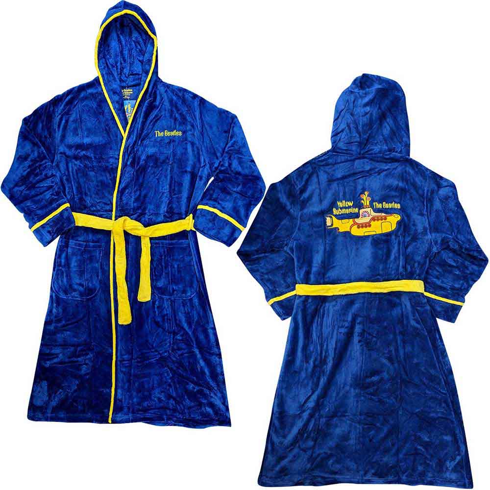 A man wearing a navy blue Beatles bathrobe with yellow trim and a yellow belt.