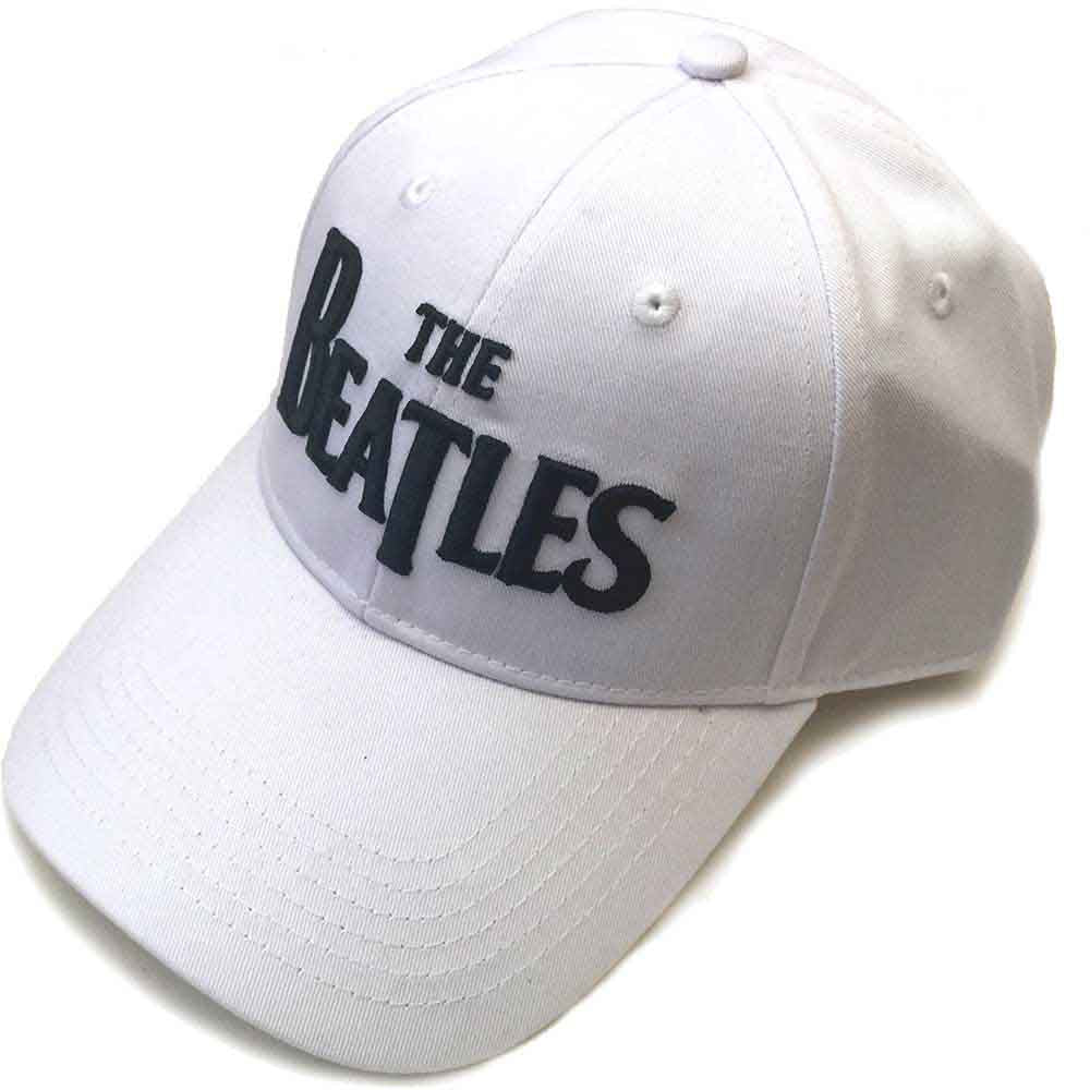 White baseball cap with black "The Beatles" logo embroidered on front.