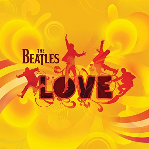 The Beatles Love album cover with silhouettes of four people on a yellow background.