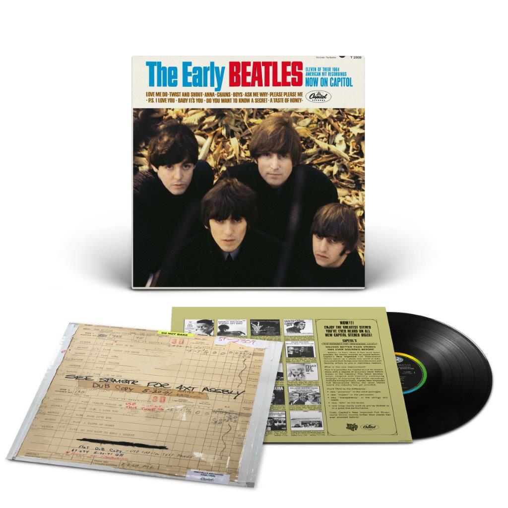 The Beatles' "The Early Beatles" vinyl record with album cover and inserts.