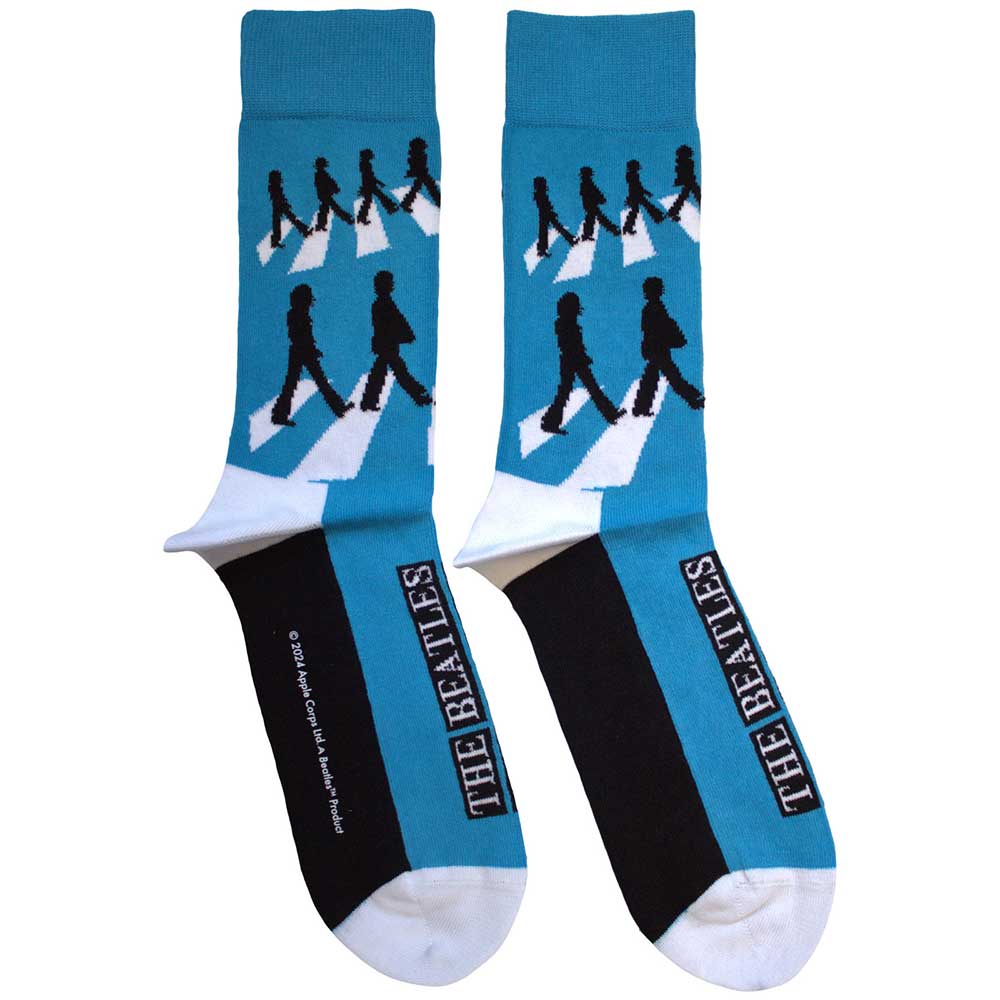Blue ankle socks featuring a repeating silhouette pattern of The Beatles on Abbey Road.