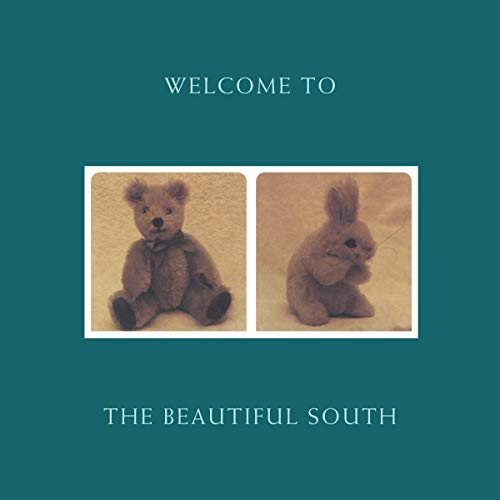 Album cover with a teddy bear and bunny on a teal background.