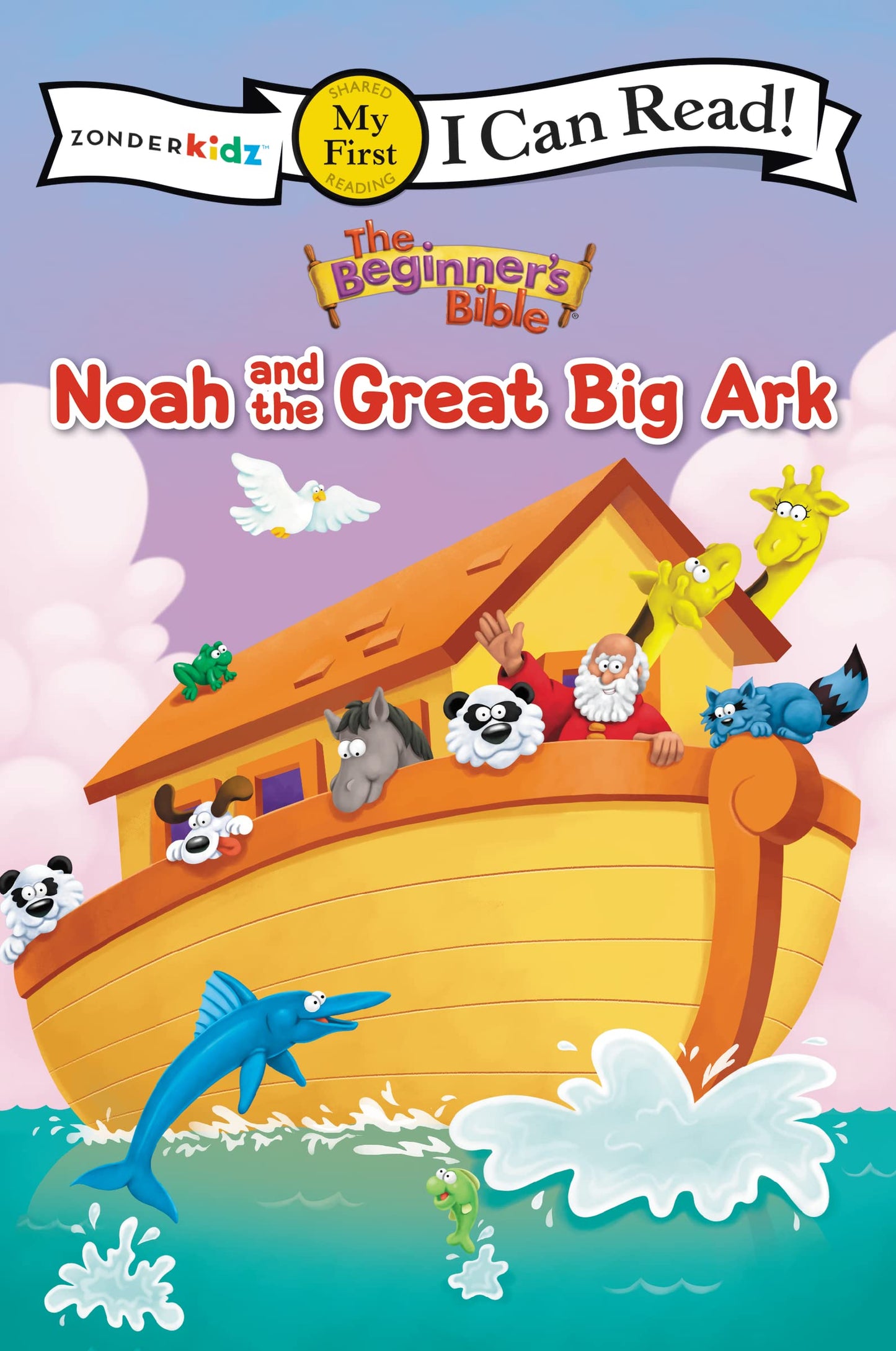 Book cover depicting Noah’s Ark with animals on blue water.