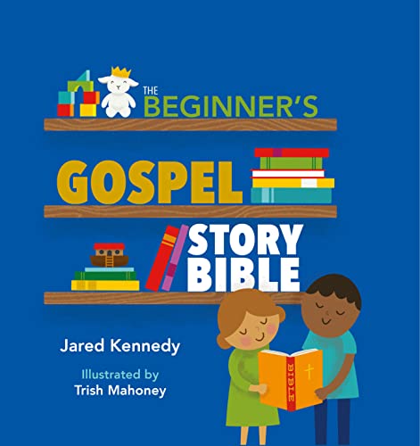 Colorful children’s Bible cover with illustrated bookshelf and reading children.