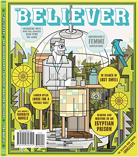 Magazine cover with illustrated man, bird, and geometric green and yellow shapes.
