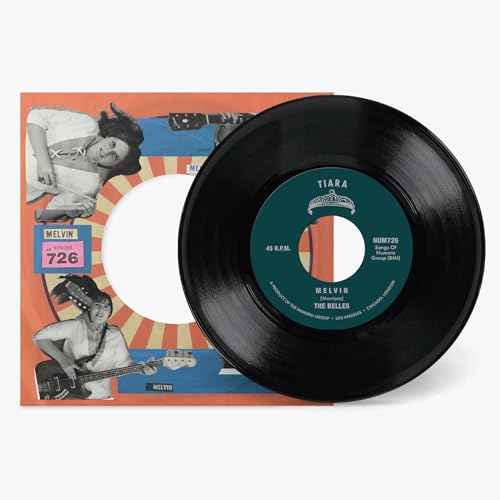 Black vinyl record with colorful sleeve featuring a woman with a guitar.