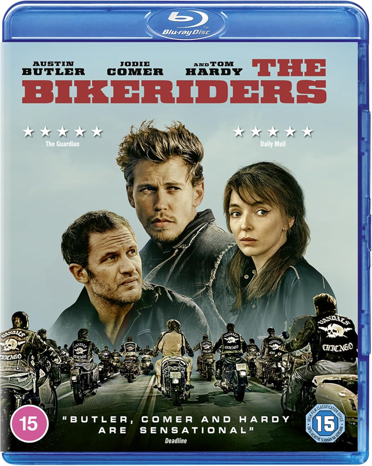 The Bikeriders" Blu-ray cover featuring Austin Butler, Jodie Comer, and Tom Hardy.